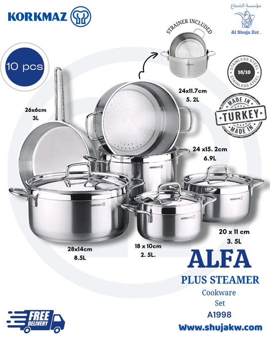 Korkmaz A1998 Alfa Plus Steamer 10Pcs Cookware Set