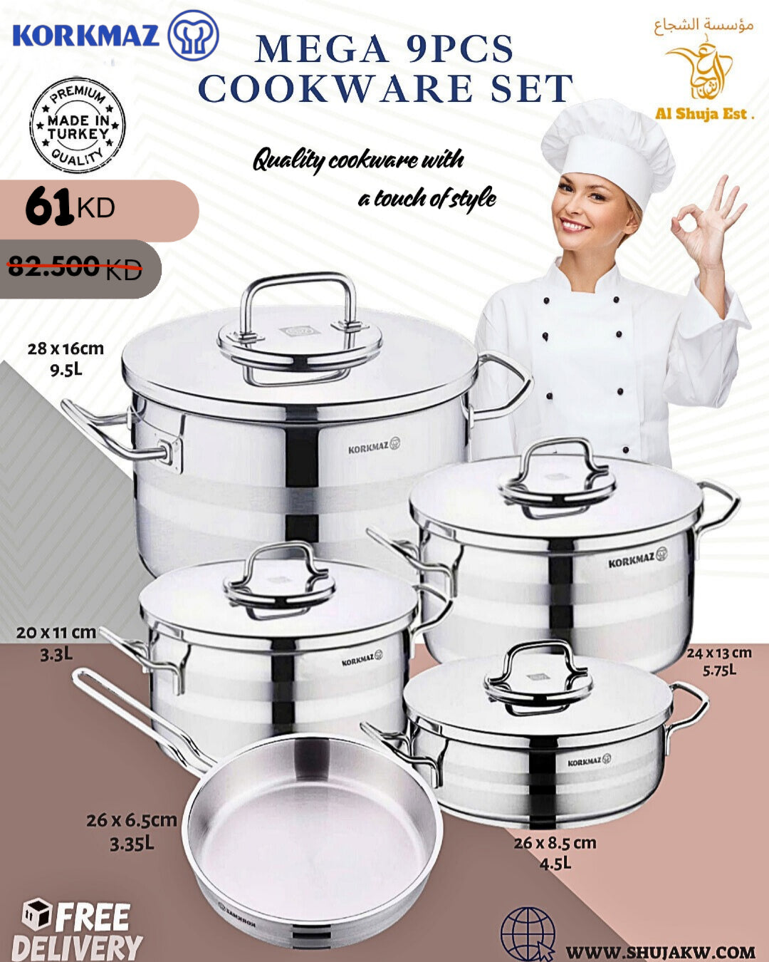 Korkmaz Astra2" 9 Pc Mega Cookware Set