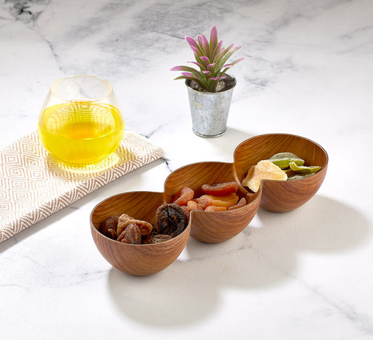 Evelin Wood Finish Triple Snack Bowl