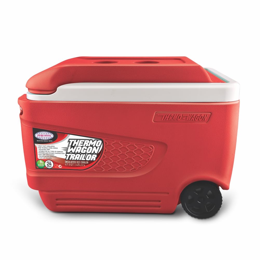 Asian Thermo Wagon Insulated Ice Cooler 45Ltr with Wheels Red