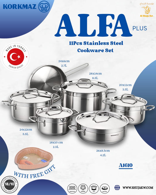 Korkmaz A1610 Alfa Plus 11 Pcs Cookware Set – Stainless Steel | Kuwait